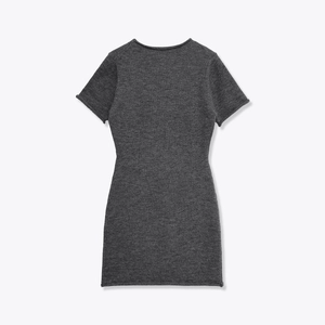Short sleeve dark grey knit dress with crew neck and slim fit ribbed texture design