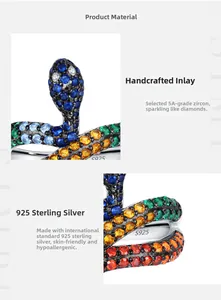 Detailed close-up of S925 sterling silver snake ring with colorful gradient cubic zirconia