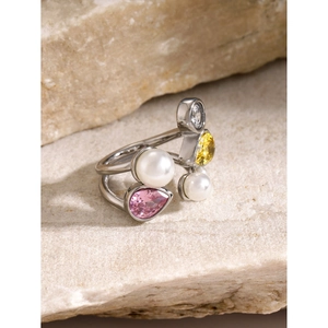 Irregular 18k gold plated ring with white pearls and colored zircon stones in asymmetrical design