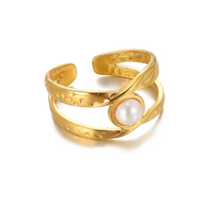 Adjustable golden double-layer stainless steel ring with hammered texture and white pearl
