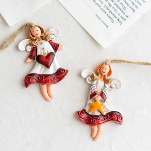 Vintage resin angel Christmas tree ornaments with red heart and yellow star details