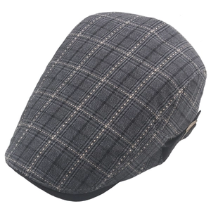Classic grey plaid flat cap for men with side metal buckle on a white background