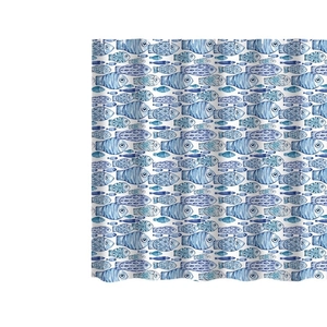 Waterproof shower curtain featuring blue watercolor fish pattern on white polyester fabric