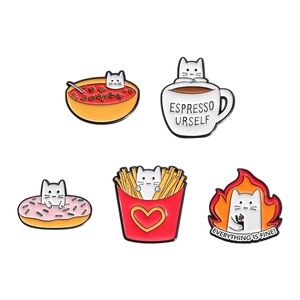 Set of 5 funny white cat enamel pins with soup and coffee puns on white background