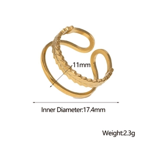 Detailed size chart of a golden leaf-shaped stainless steel open ring for women