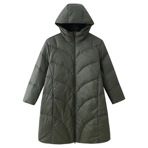 Women's dark olive hooded long quilted winter coat with elegant chevron stitching
