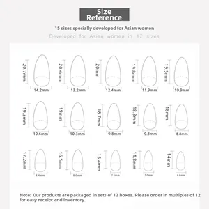 Size chart showing 15 almond nail tip dimensions in mm for length and width