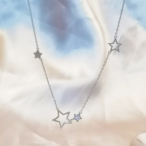 Elegant S925 sterling silver necklace featuring three star pendants with diamond accents