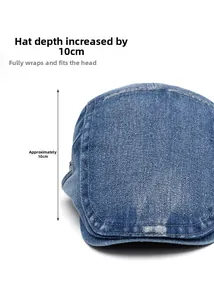Detail of washed denim flat cap showing 10cm deep crown design and stitch texture
