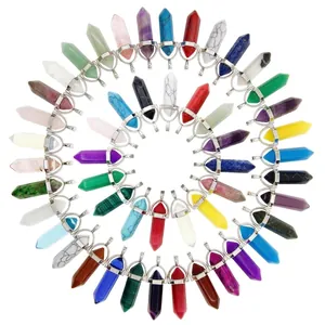 Natural Stone Gemstone Hexagonal Column Pendant Healing Crystal With Silver Metal Hook Fashion Jewelry For Women Men