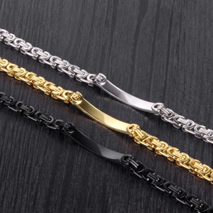 Byzantine stainless steel chain bracelets for men in silver, gold, and black with ID plate