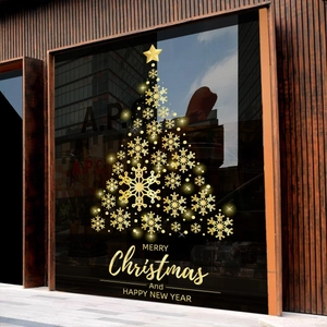 Golden snowflake Christmas tree static window sticker for festive store decoration