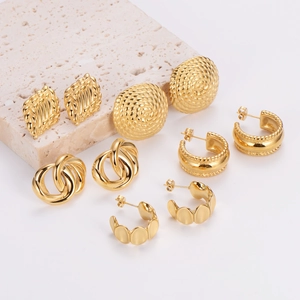 Vintage Heart Geometric Earrings 18K Gold Plated 304 Stainless Steel Textured Retro Fashion Studs For Women