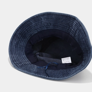 Fashionable mountain embroidery bucket hat in washed navy cotton with adjustable inner strap