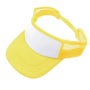 Detail of yellow and white sun visor featuring breathable mesh and adjustable strap back