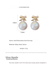 Detailed size and weight chart for bow pearl earrings with zircon inlay and silver needle