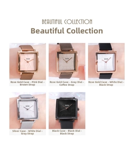 Detailed views of women's square quartz watches in multiple colors on wrist