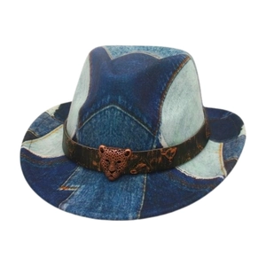 Kids denim print jazz hat with leopard metal buckle on brown decorative band