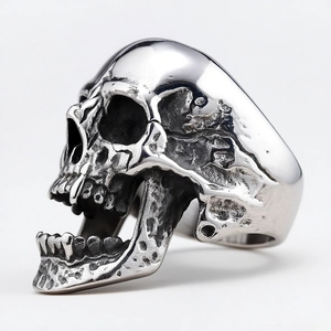 Macro side view of gothic skull ring showing polished finish and vintage rock texture