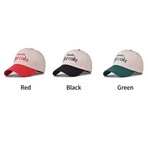 Three patchwork baseball caps with Diet Coke embroidery in red, black, and green colors