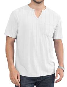 Detail of white men's short sleeve Henley shirt with chest pocket and textured fabric