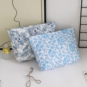 Detailed view of quilted floral cosmetic bags with metal zippers and elegant patterns