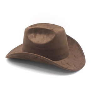 Detailed view of dark brown suede cowboy hat with vintage western style and curved brim