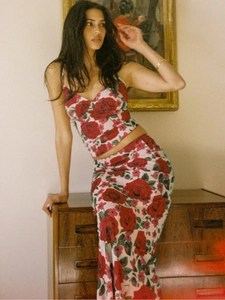 Women's two-piece set with red rose floral print crop top and high-waisted maxi skirt