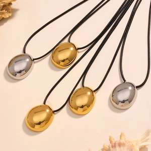 Minimalist oval water drop pendant necklace in gold and silver finish with black cord