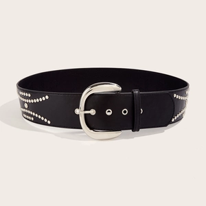 Detail of black PU leather belt featuring silver metal rivets and a large circular buckle