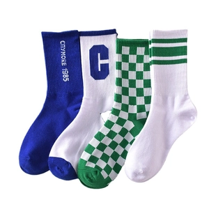 Checkerboard and athletic striped mid-calf cotton crew socks for men and women