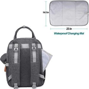 Detail showing waterproof changing mat with dimensions 14.5x23 inches for a gray diaper bag