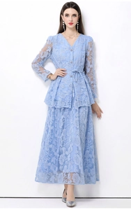 Detail of light blue lace maxi dress set with lantern sleeves and tied waist design