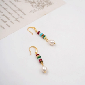 Ethnic bohemian freshwater pearl drop earrings with colorful checkered stones and gold hooks