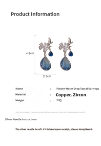 Floral zircon drop earrings specifications with 4.8cm length and 13g weight details