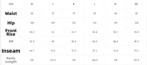 Detailed size chart for men's casual straight trousers with specific measurements