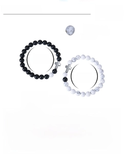 Detailed spec sheet for white turquoise and matte black stone beaded couple bracelets