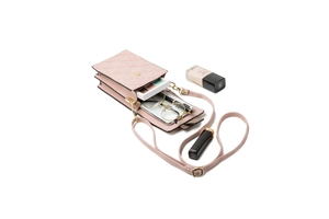 Detail of pink PU leather phone bag with vertical lattice pattern and metal buckle closure