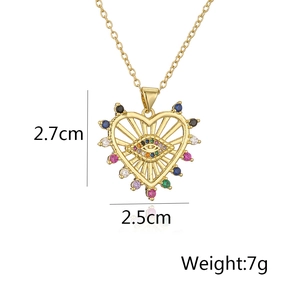 Detail showing dimensions of heart-shaped gold pendant with colorful zircon stones
