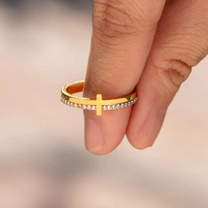 Minimalist S925 sterling silver cross ring with gold finish and zircon stones for women