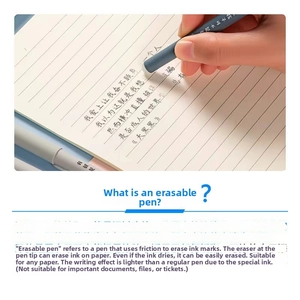 Close-up of erasable gel pen showing the friction eraser removing blue ink on paper