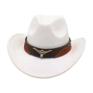 Detailed close-up of a silver bull head metal buckle on a white felt cowboy hat strap