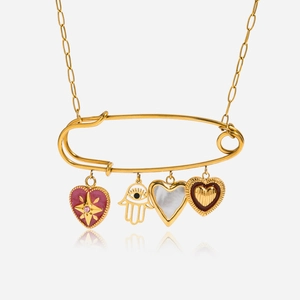 18K Gold Plated Stainless Steel Safety Pin Necklace Hamsa Heart Enamel Shell Pendant Vintage Boho Jewelry For Women