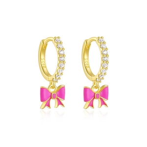 Close-up of S925 silver stamp on gold bow earrings with pink oil drop and zircon stones