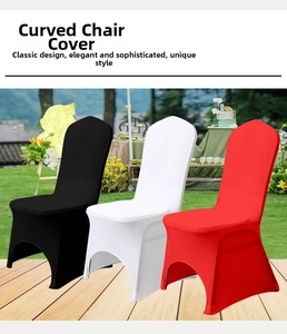 Detail of high-elasticity arc-shaped chair covers for wedding banquets in black white and red