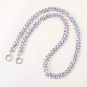 Iridescent beaded crossbody phone strap with double-row transparent crystals and silver rings