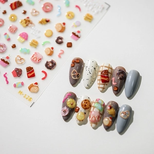 3D Embossed Nail Stickers Cute Dessert Theme Cake Donuts Pattern Self Adhesive Decals DIY Manicure Decorations For Women