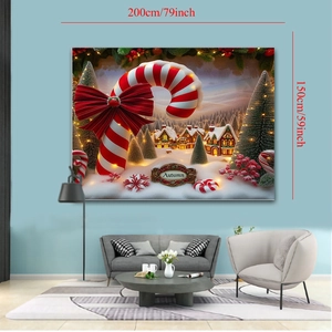 Tapisserie de Noël 200x150cm avec motif de chalet d'hiver et sucres d'orge de déco