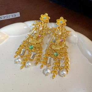 Vintage palace style bird and flower earrings with colorful crystals and pearls