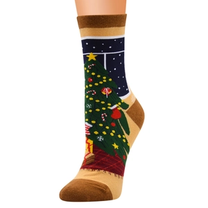 Detail of Christmas cotton socks featuring a decorated festive tree with gift boxes